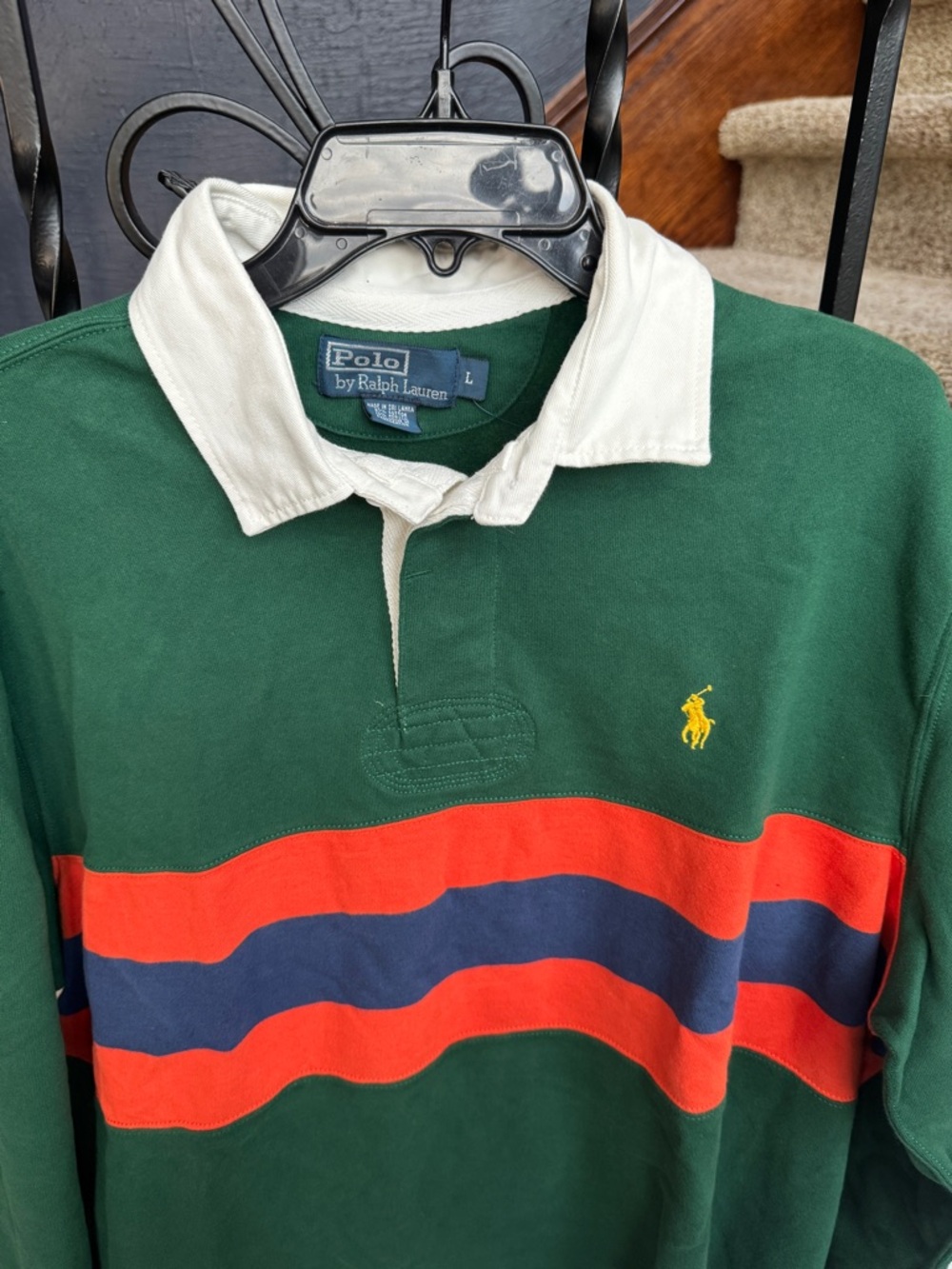 NEW Large Polo by Ralph Lauren Green Rugby with Red & Navy Stripes shirt - Picture 10 of 11
